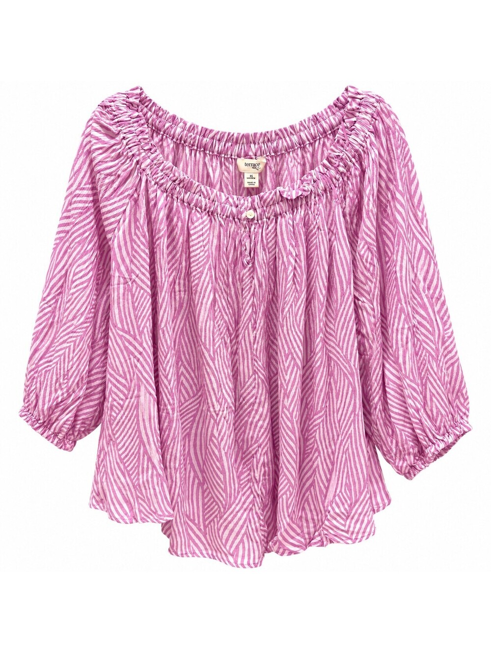 Terra & Sky Women's Plus Size 2X Purple and White Patterned Off-Shoulder Blouse